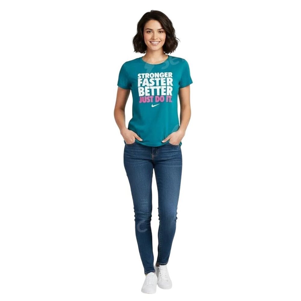 Nike Women's Stronger Faster Better Just Do It Logo Green Graphic Tee Size Mediu
